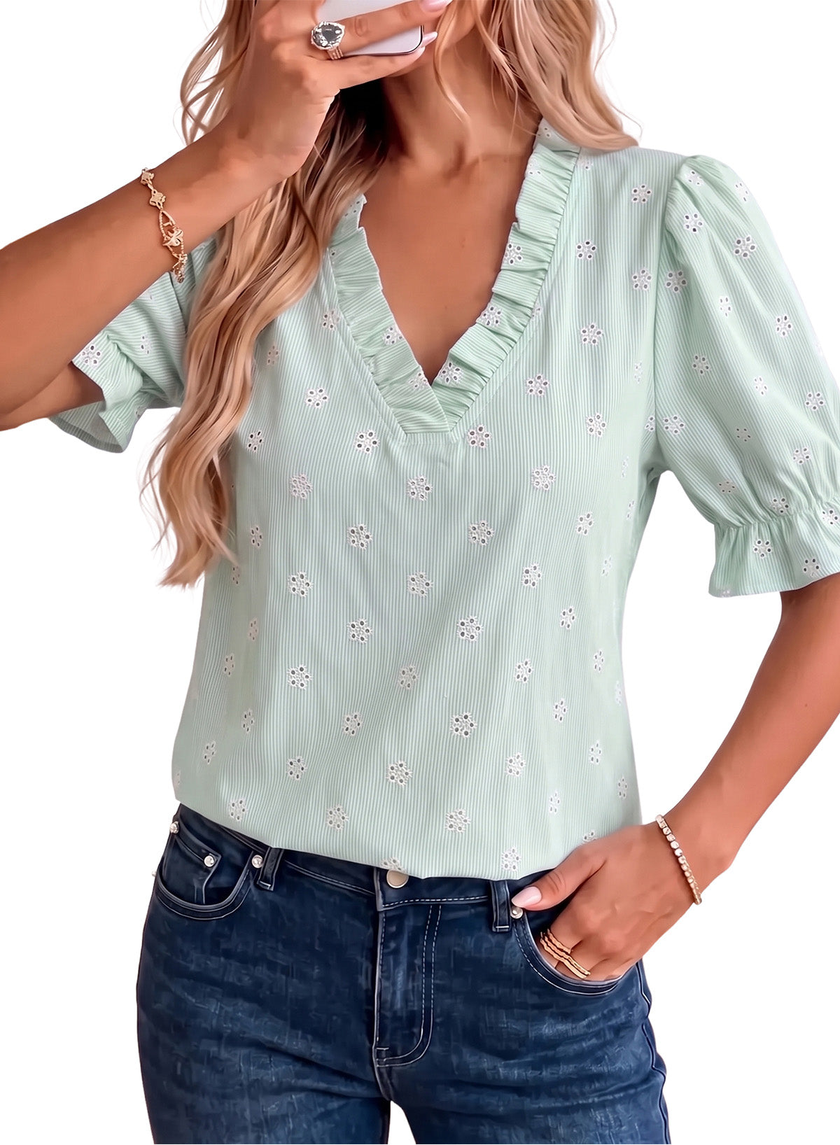 Dokotoo Women's Blouses Ruffle Puff Sleeve Boho Eyelet Dressy Casual Shirts