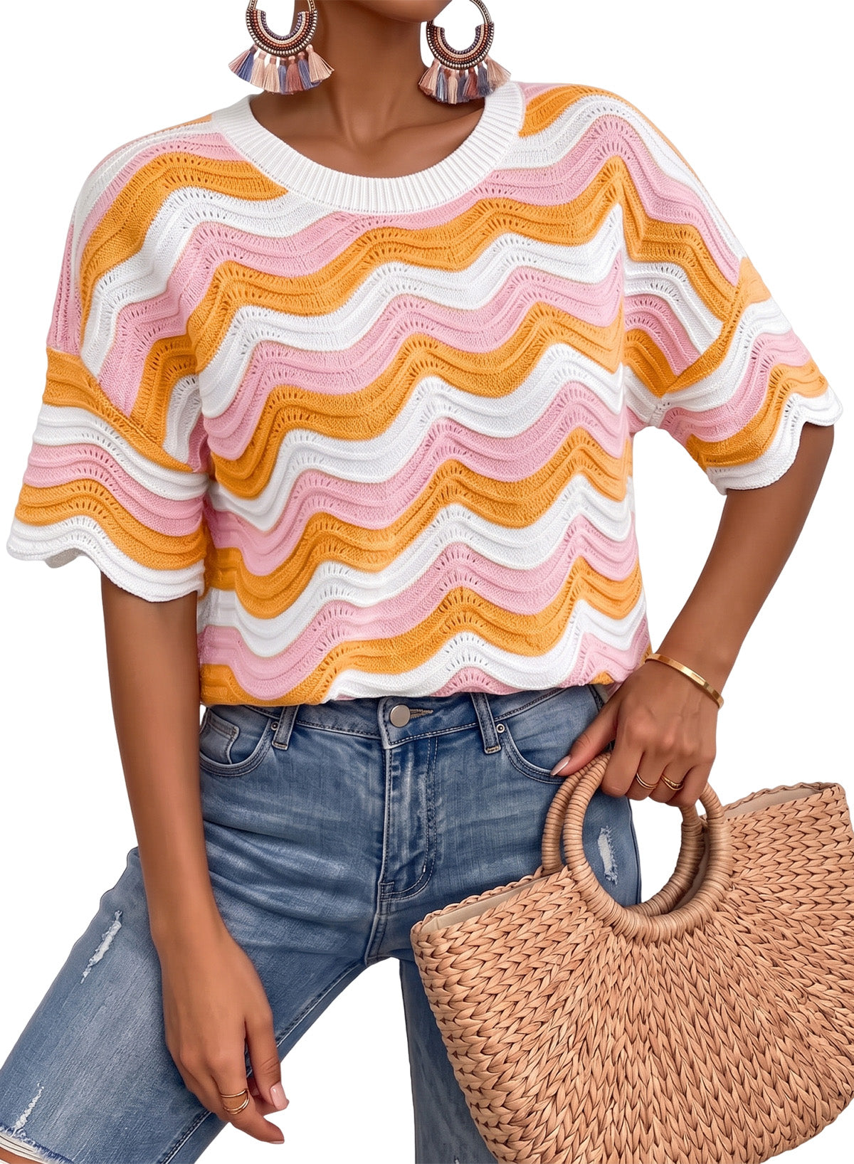 Dokotoo Women's Summer Crochet Tops 2026 Ruffle Striped Hollow Out Sweaters