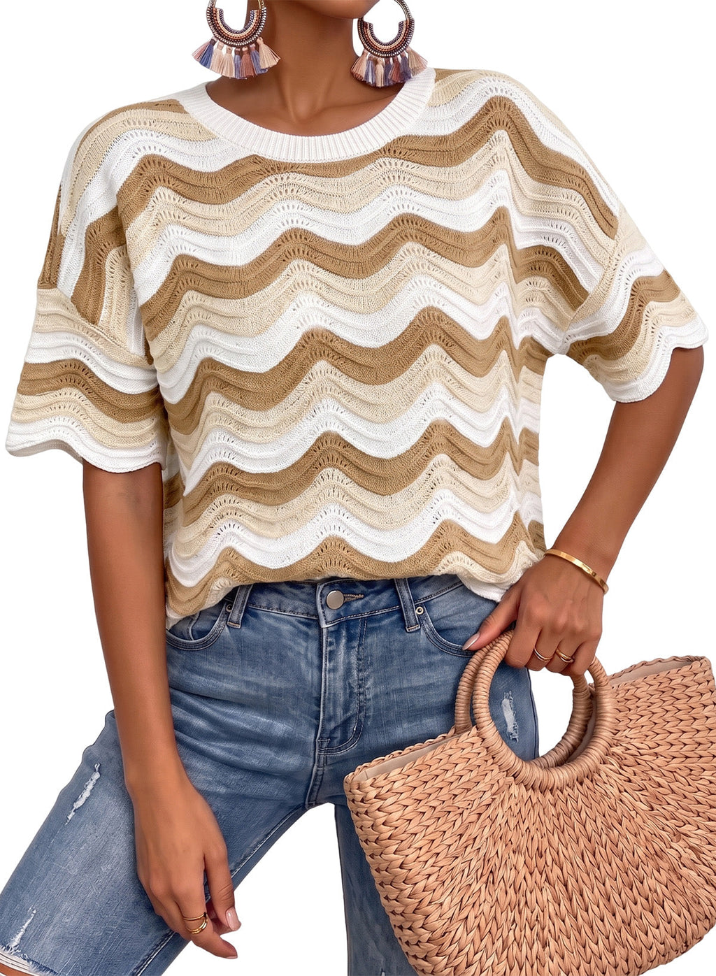 Dokotoo Women's Summer Crochet Tops 2026 Ruffle Striped Hollow Out Sweaters