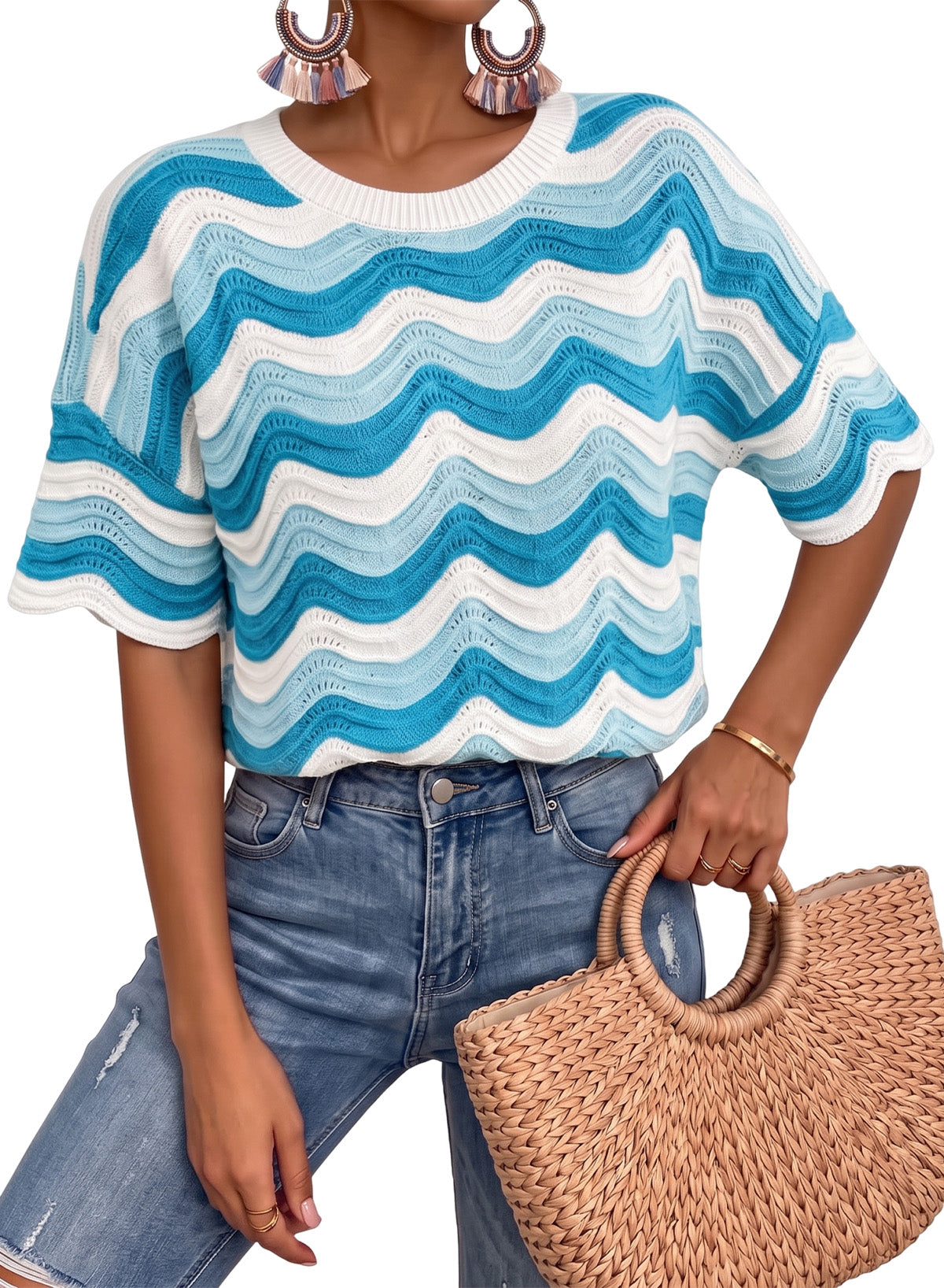 Dokotoo Women's Summer Crochet Tops 2026 Ruffle Striped Hollow Out Sweaters