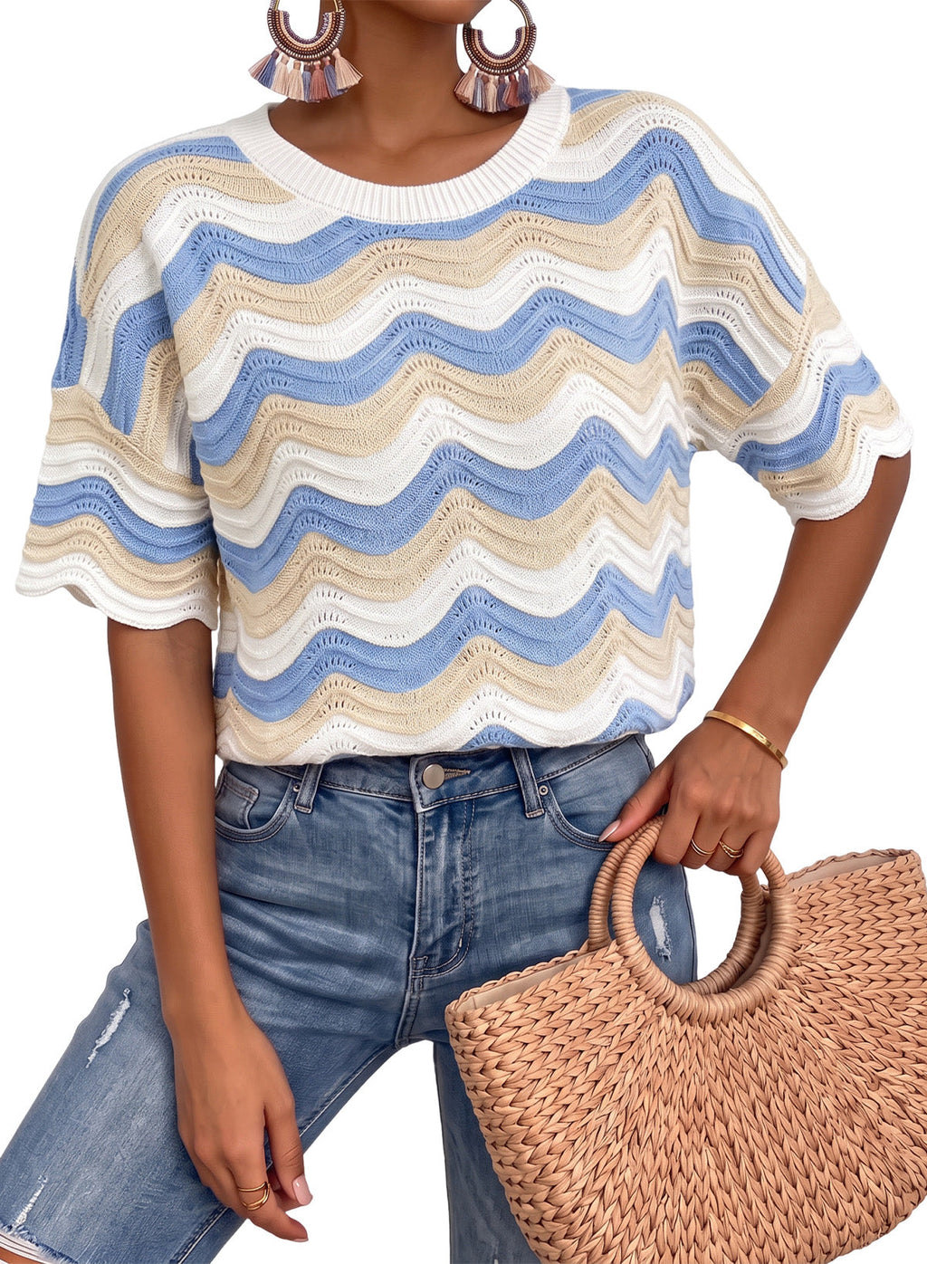 Dokotoo Women's Summer Crochet Tops 2026 Ruffle Striped Hollow Out Sweaters