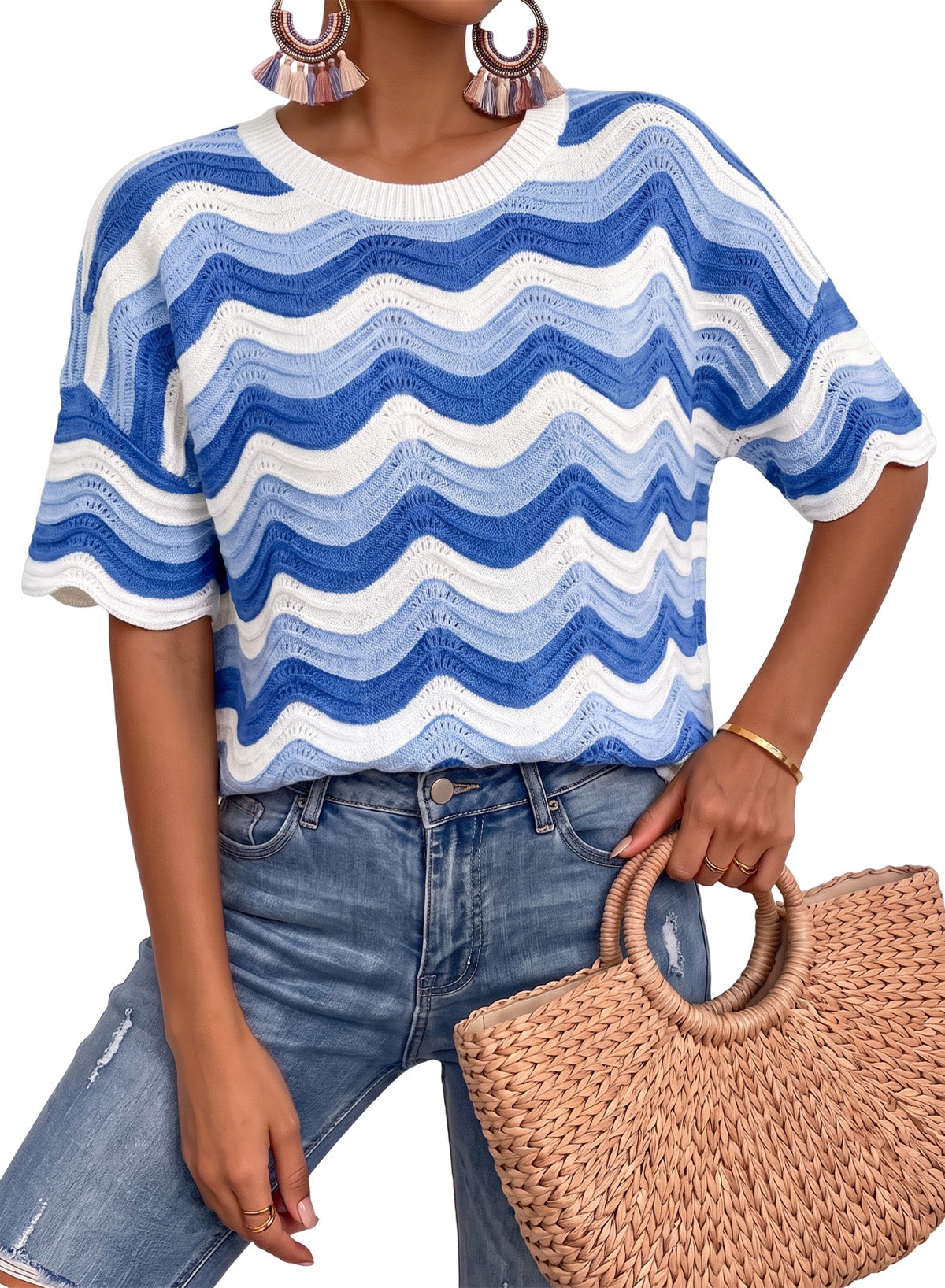 Dokotoo Women's Summer Crochet Tops 2026 Ruffle Striped Hollow Out Sweaters