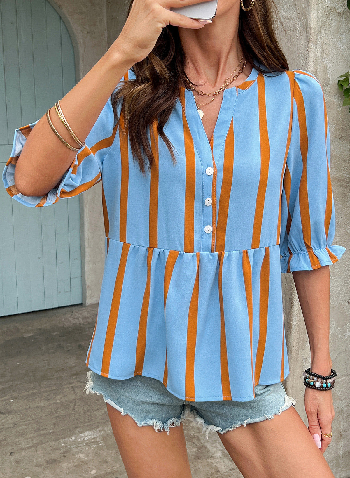 Dokotoo Women's Casual Striped Shirt 3/4 Sleeve Oversized Tops 2026 Outfits