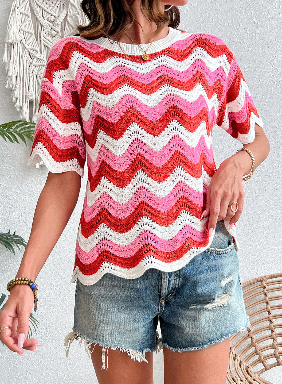 Dokotoo Women's Summer Crochet Tops 2026 Ruffle Striped Hollow Out Sweaters