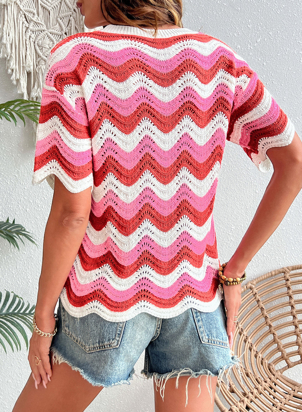 Dokotoo Women's Summer Crochet Tops 2026 Ruffle Striped Hollow Out Sweaters