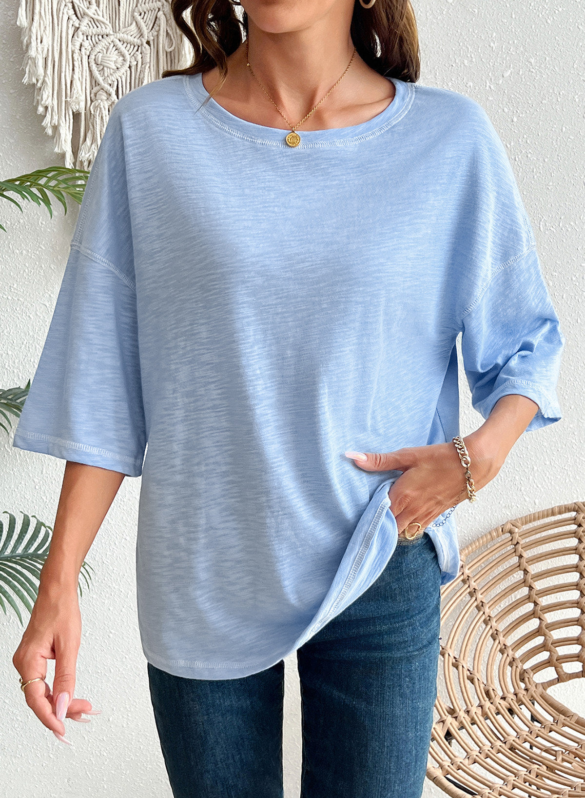 Dokotoo 3/4 Sleeve Tops for Women Loose Fit Shirts Crewneck Summer Outfits