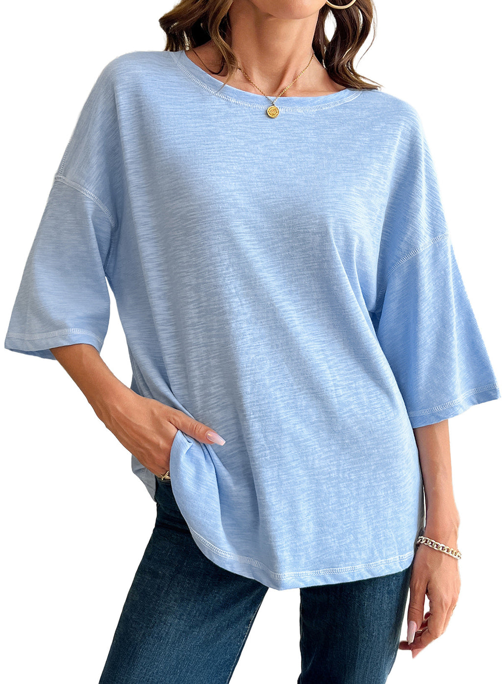 Dokotoo 3/4 Sleeve Tops for Women Loose Fit Shirts Crewneck Summer Outfits
