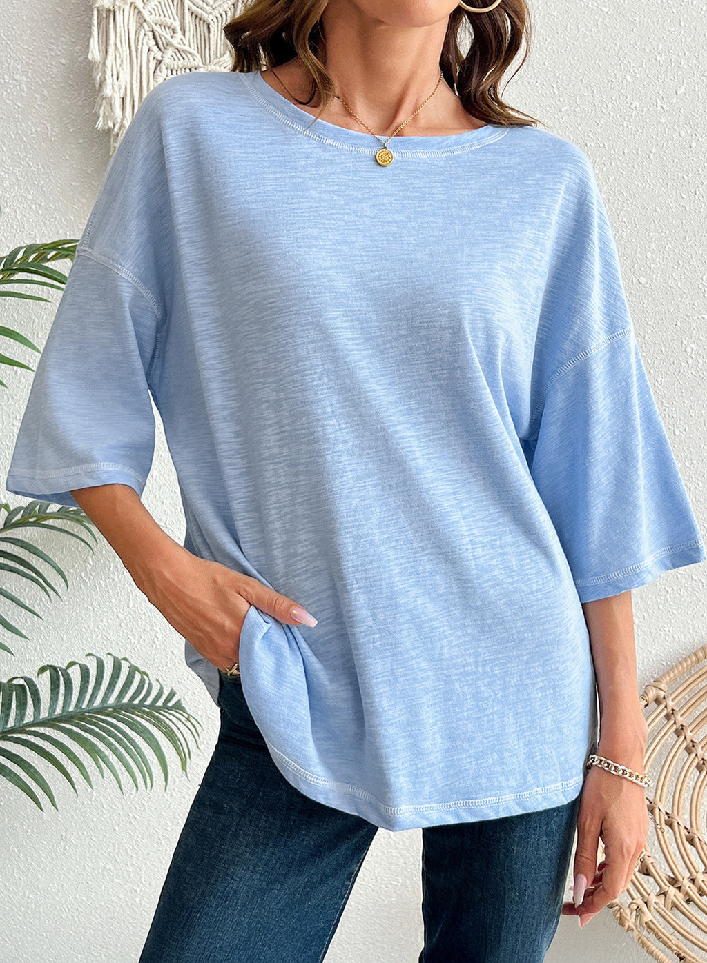 Dokotoo 3/4 Sleeve Tops for Women Loose Fit Shirts Crewneck Summer Outfits
