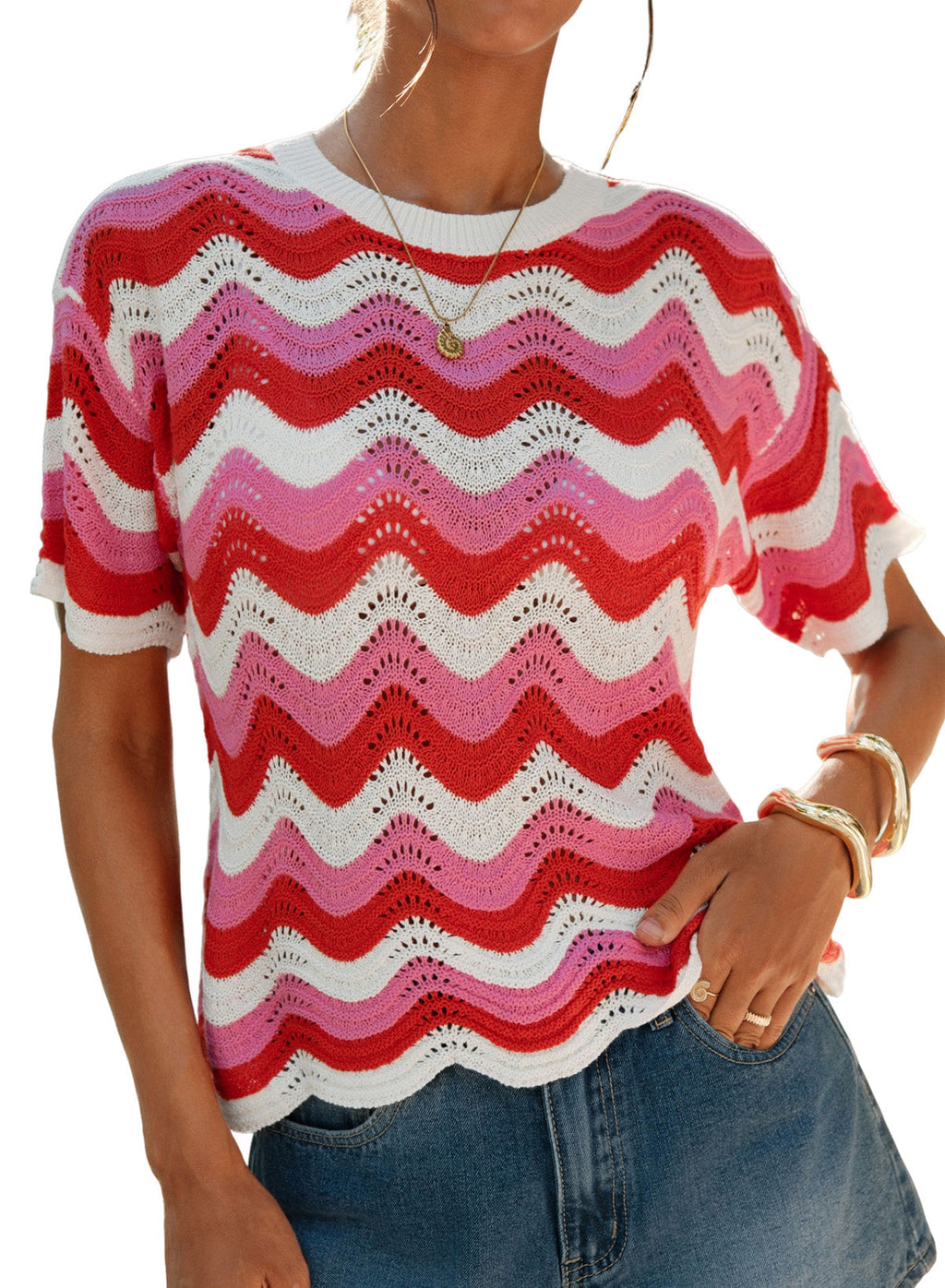 Dokotoo Women's Summer Crochet Tops 2026 Ruffle Striped Hollow Out Sweaters