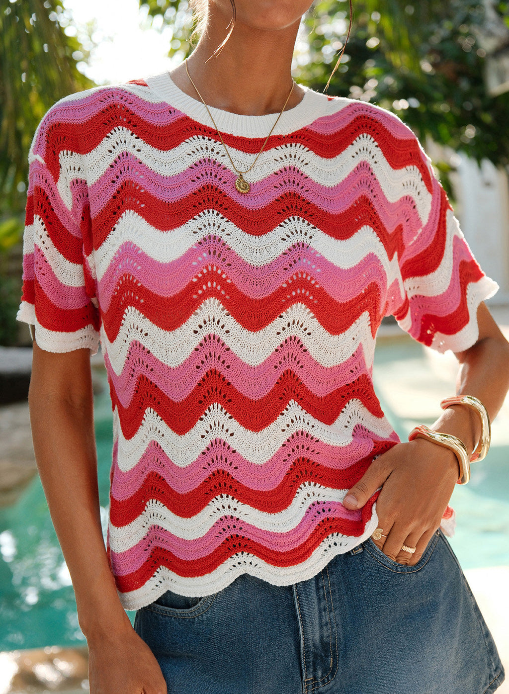 Dokotoo Women's Summer Crochet Tops 2026 Ruffle Striped Hollow Out Sweaters
