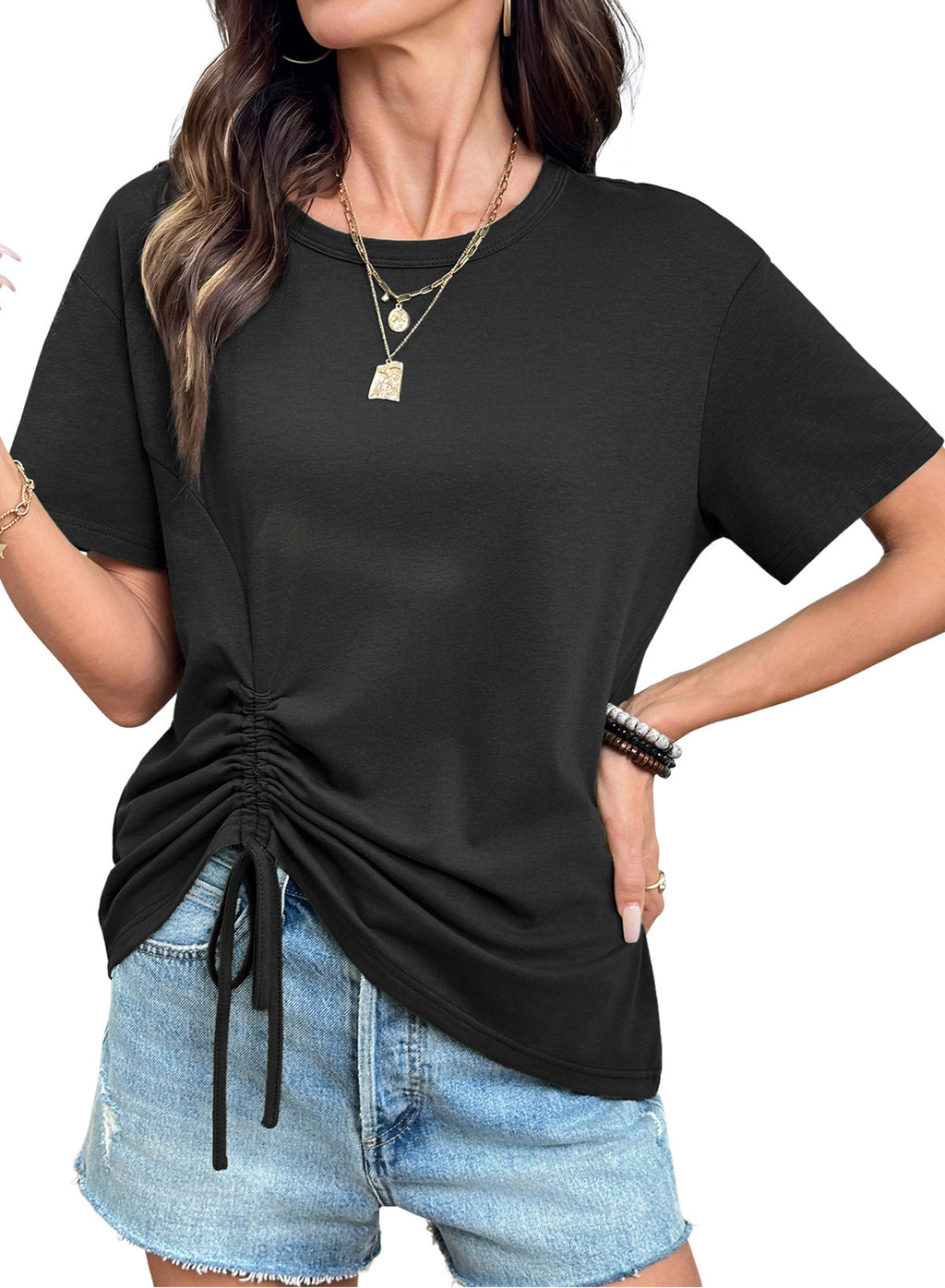 Dokotoo Womens Summer Tops Drawstring Side Ruched Tunic Shirts