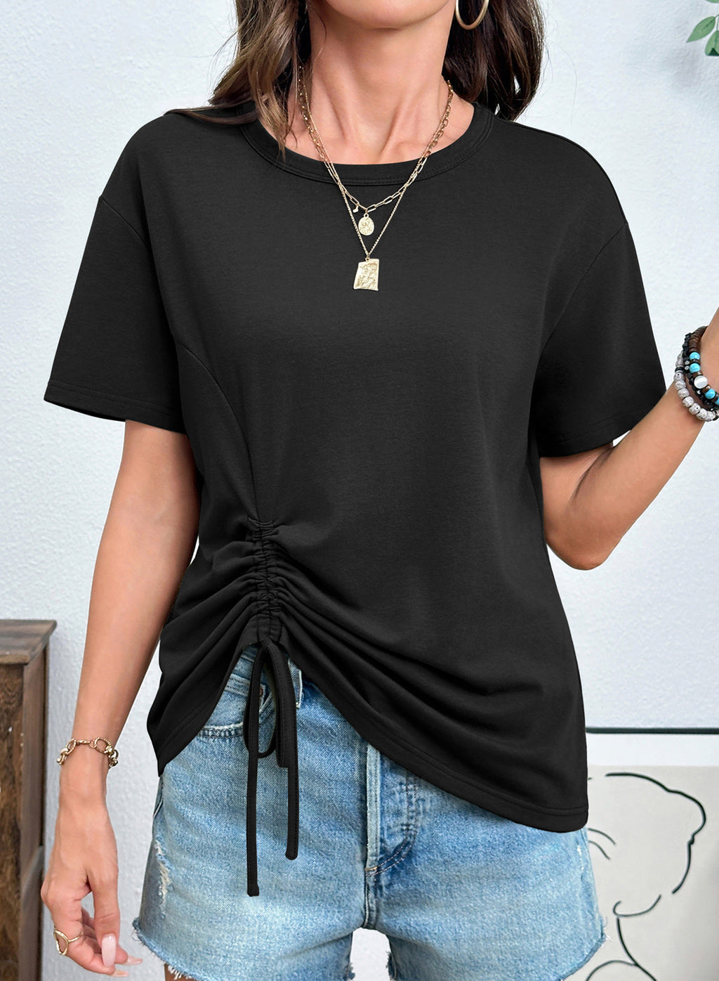 Dokotoo Womens Summer Tops Drawstring Side Ruched Tunic Shirts