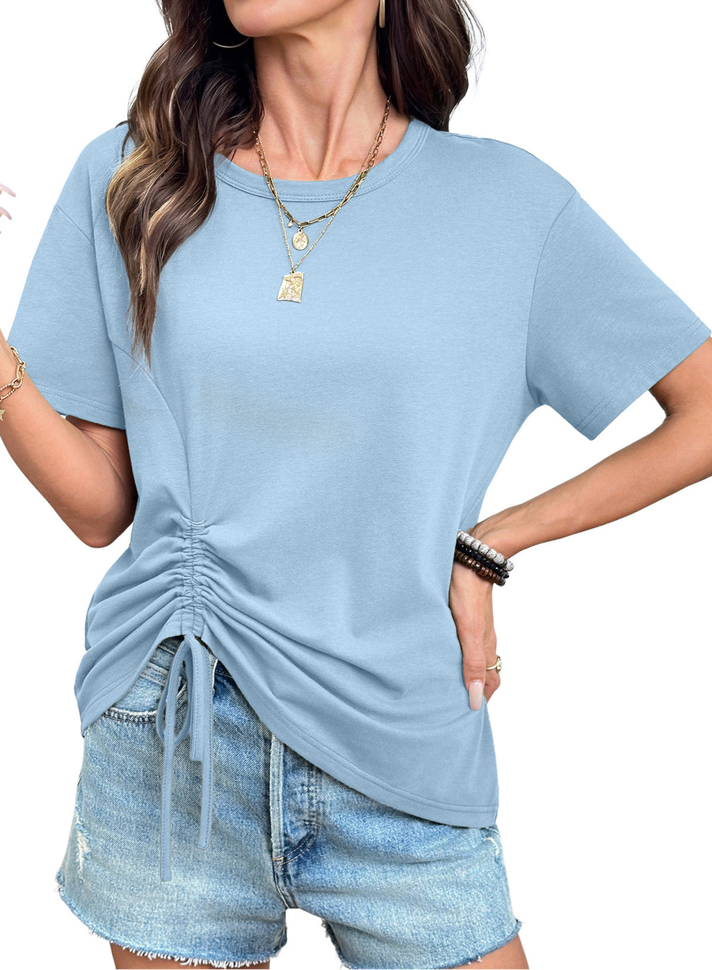Dokotoo Womens Summer Tops Drawstring Side Ruched Tunic Shirts