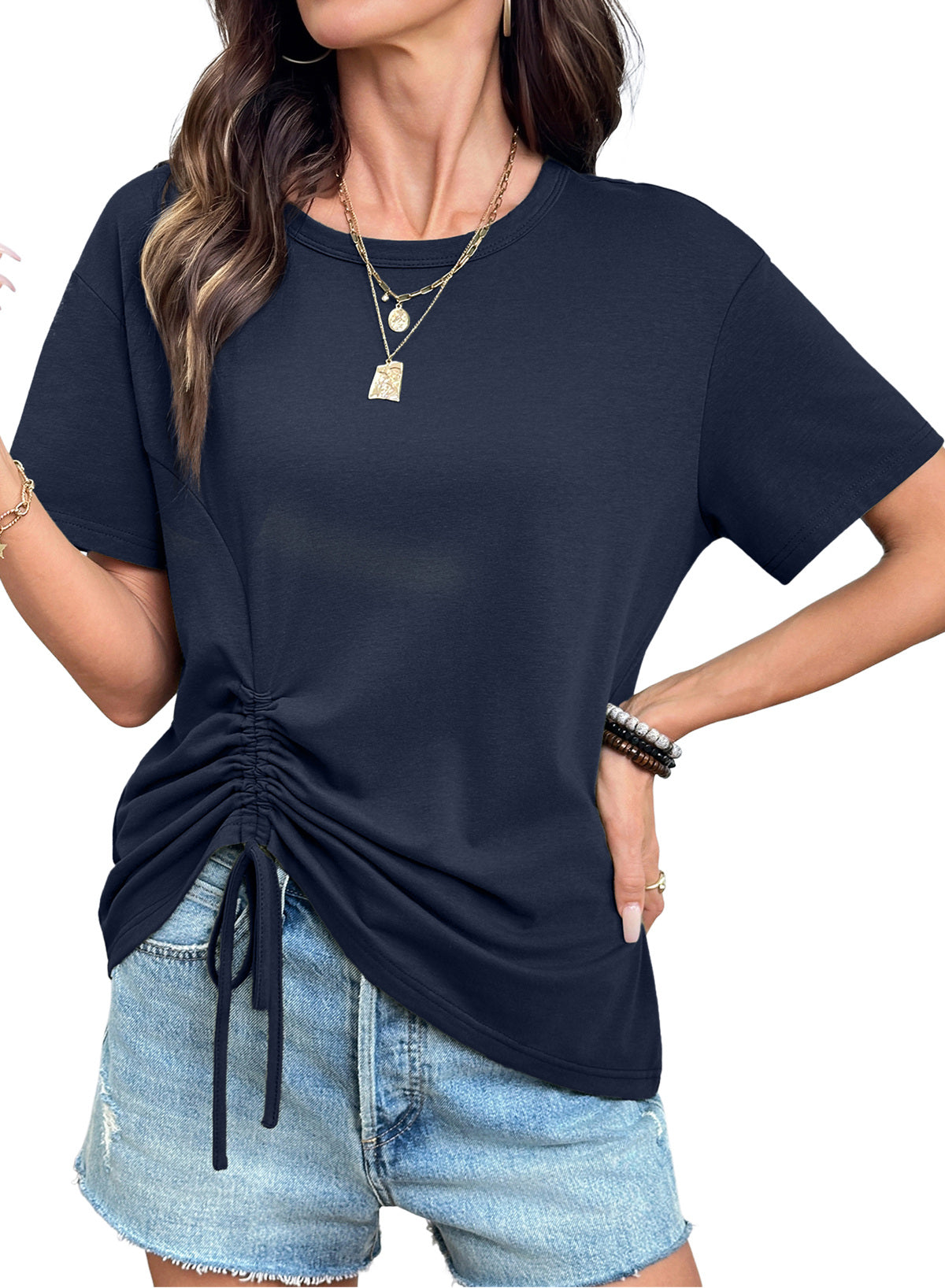 Dokotoo Womens Summer Tops Drawstring Side Ruched Tunic Shirts