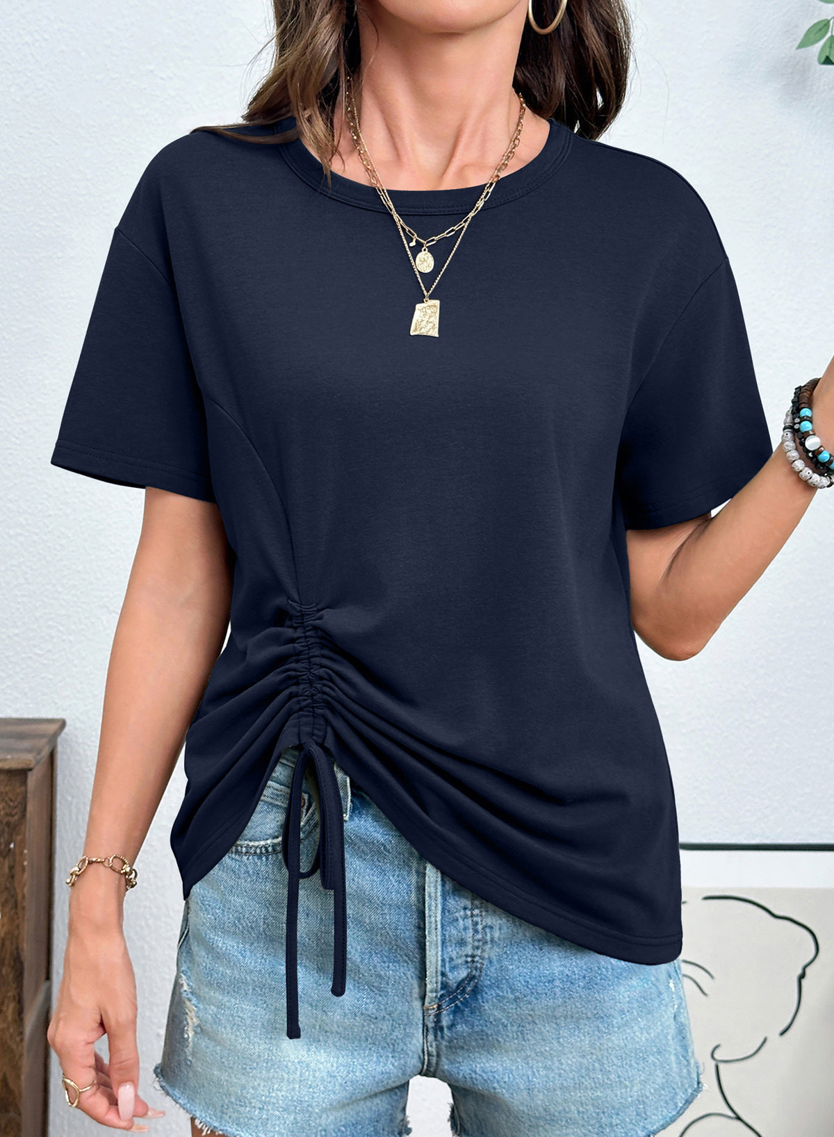 Dokotoo Womens Summer Tops Drawstring Side Ruched Tunic Shirts