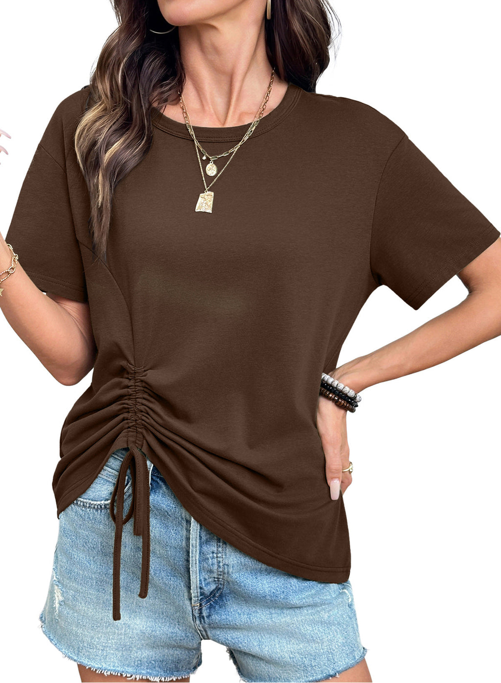 Dokotoo Womens Summer Tops Drawstring Side Ruched Tunic Shirts