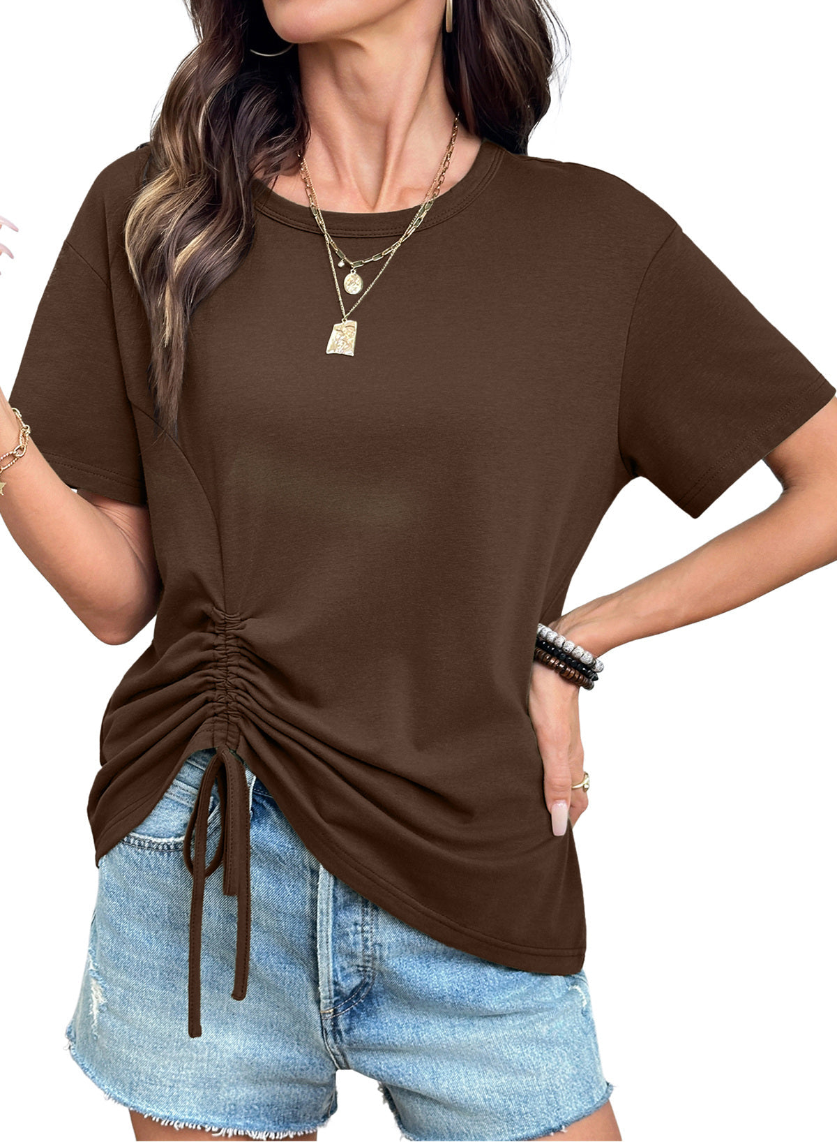 Dokotoo Womens Summer Tops Drawstring Side Ruched Tunic Shirts