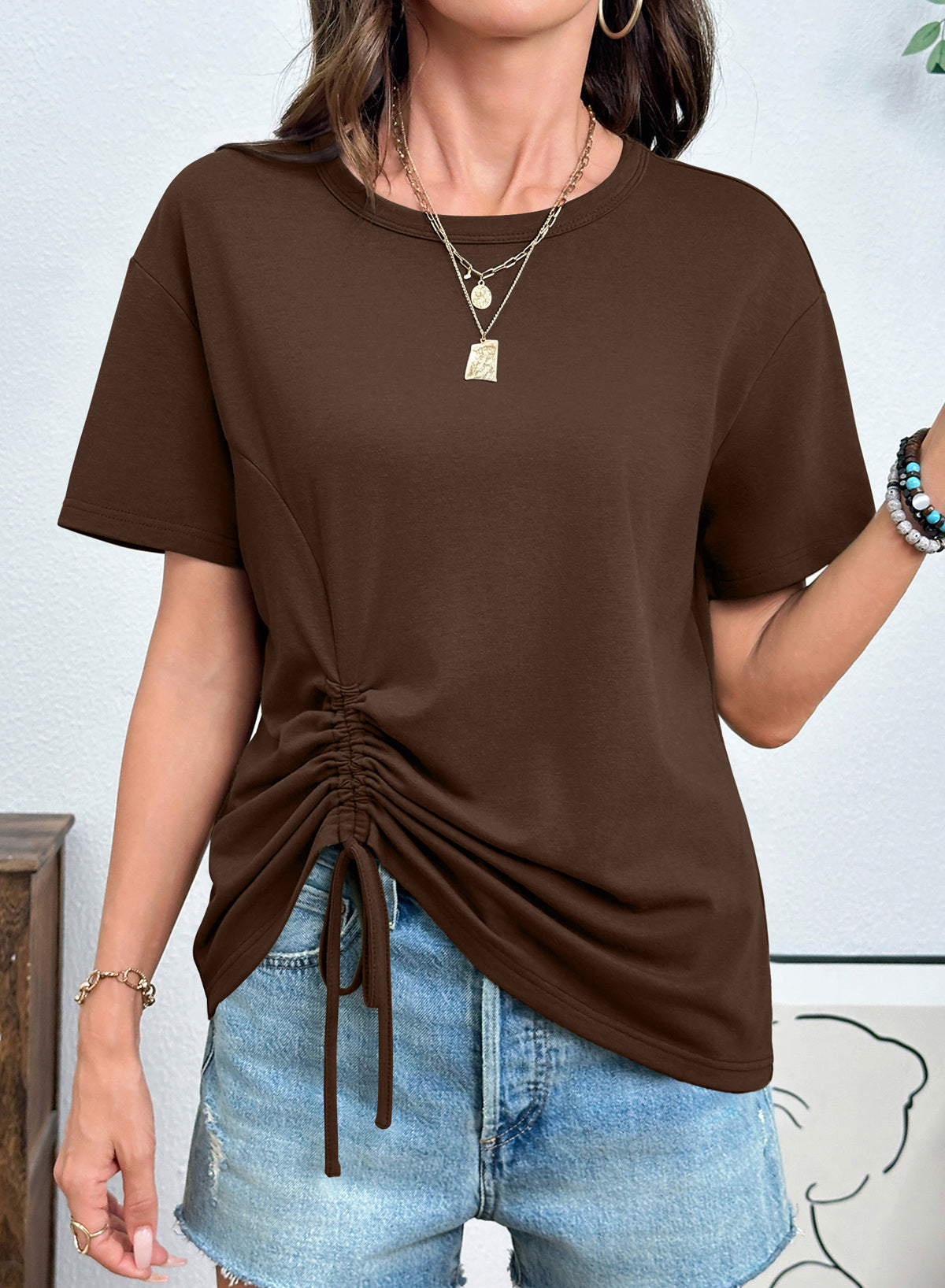 Dokotoo Womens Summer Tops Drawstring Side Ruched Tunic Shirts