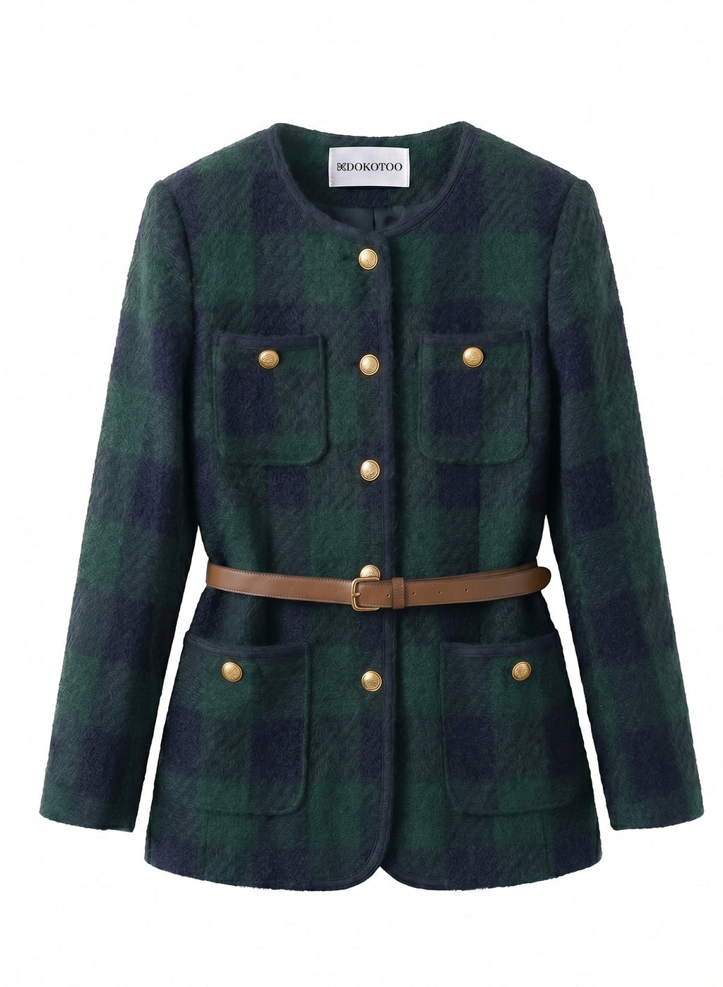 DOKOTOO Women's Green Black Plaid Tweed Jacket with Belt, Round Neck Gold Button Wool Blend Blazer, Casual Elegant Work Outerwear