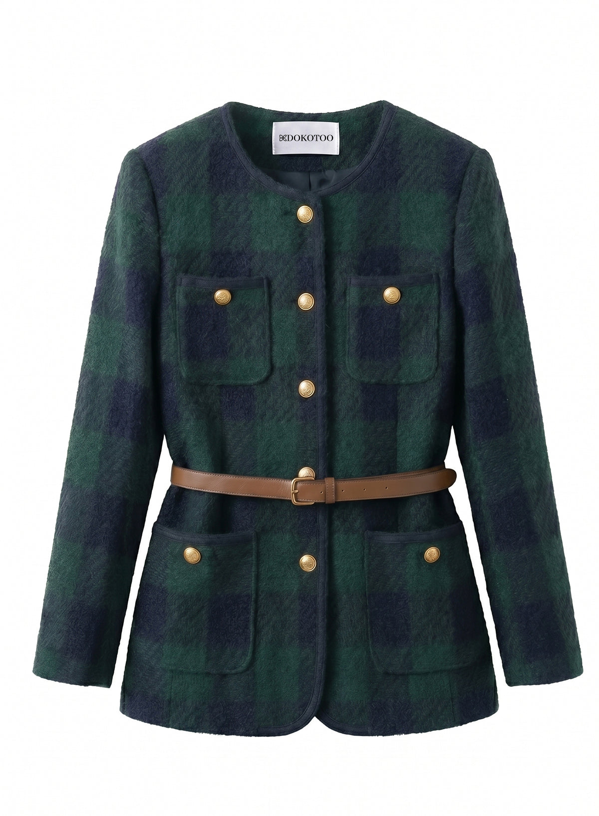 DOKOTOO Women's Green Black Plaid Tweed Jacket with Belt, Round Neck Gold Button Wool Blend Blazer, Casual Elegant Work Outerwear