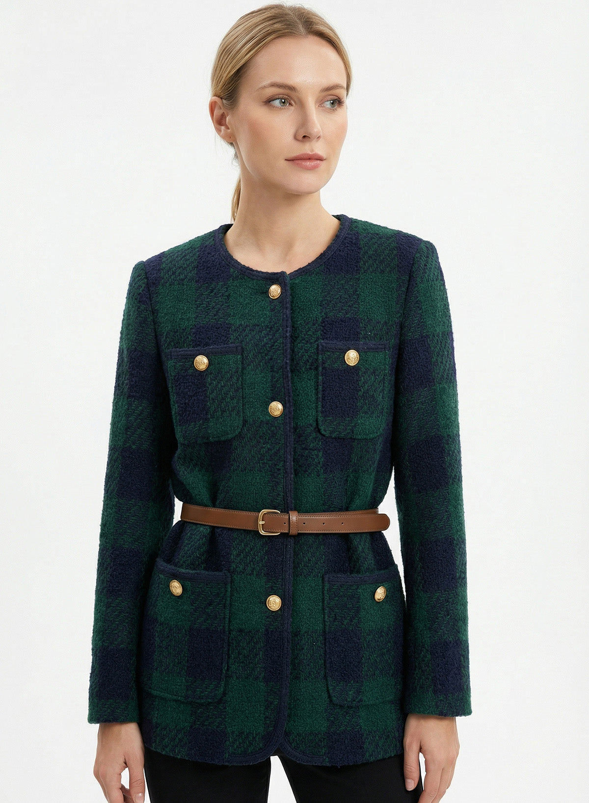 DOKOTOO Women's Green Black Plaid Tweed Jacket with Belt, Round Neck Gold Button Wool Blend Blazer, Casual Elegant Work Outerwear