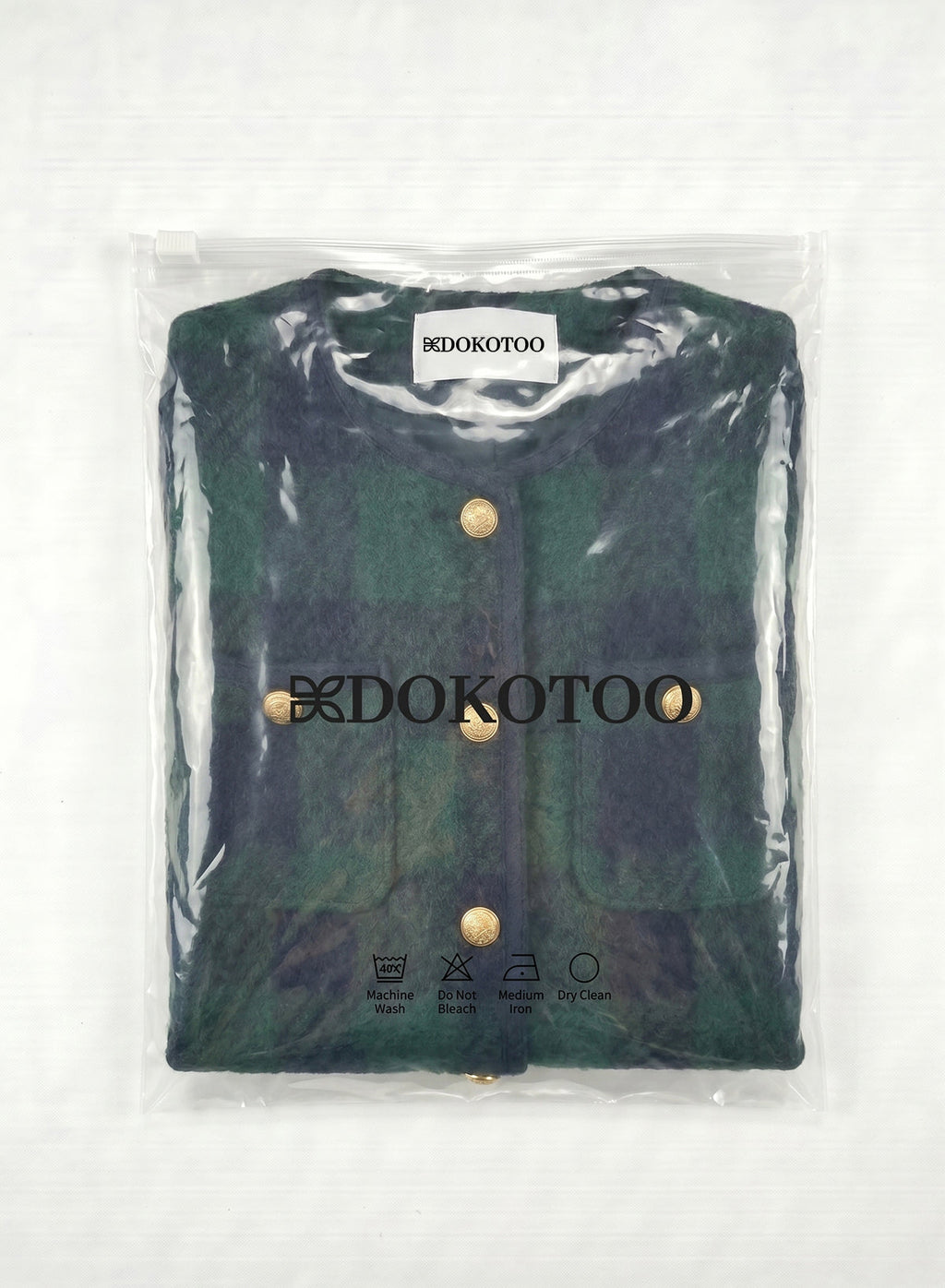 DOKOTOO Women's Green Black Plaid Tweed Jacket with Belt, Round Neck Gold Button Wool Blend Blazer, Casual Elegant Work Outerwear
