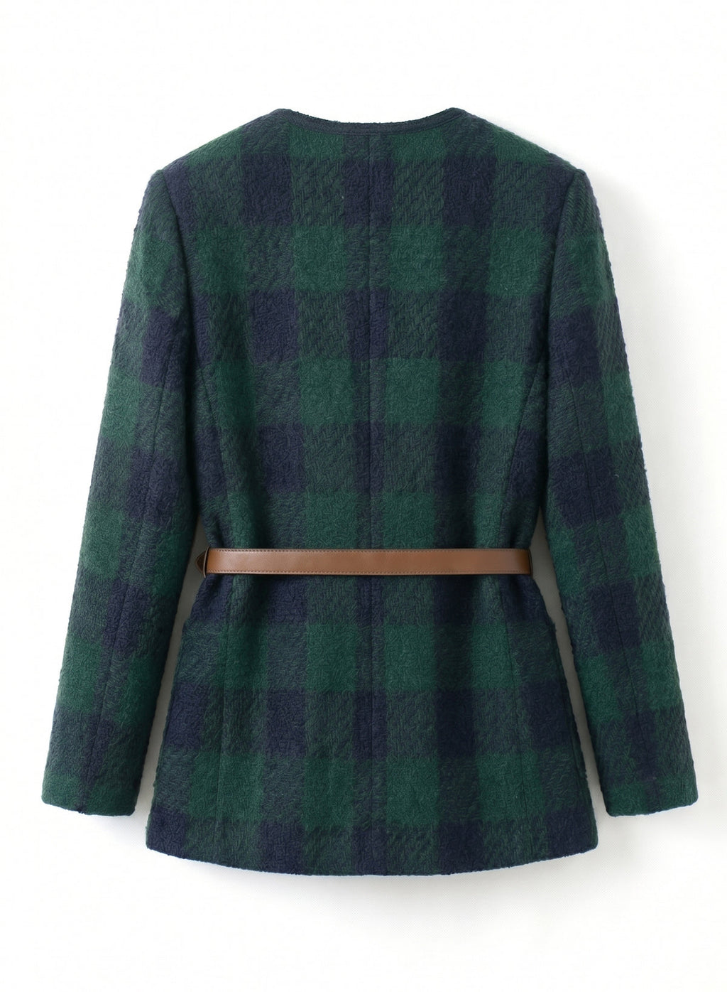 DOKOTOO Women's Green Black Plaid Tweed Jacket with Belt, Round Neck Gold Button Wool Blend Blazer, Casual Elegant Work Outerwear