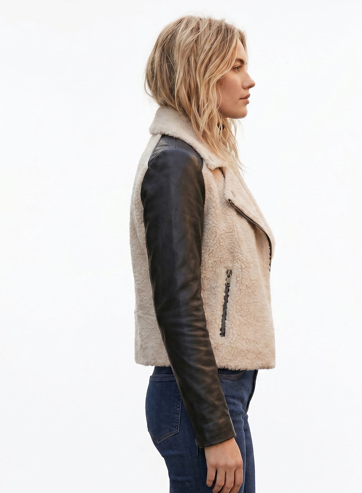 DOKOTOO Women's Sherpa Fleece Moto Jacket with Faux Leather Sleeves, Asymmetrical Zip Biker Coat, Casual Winter Outerwear