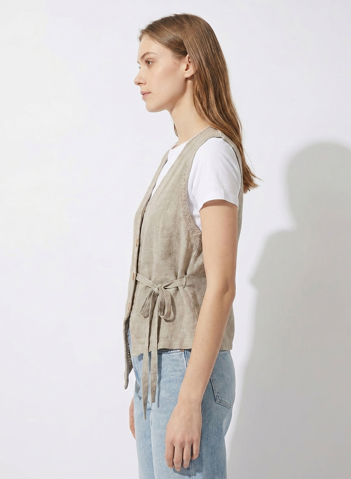 DOKOTOO Women's Linen Crochet Patchwork Vest, V Neck Button Down Sleeveless Waistcoat with Tie, Casual Boho Summer Top