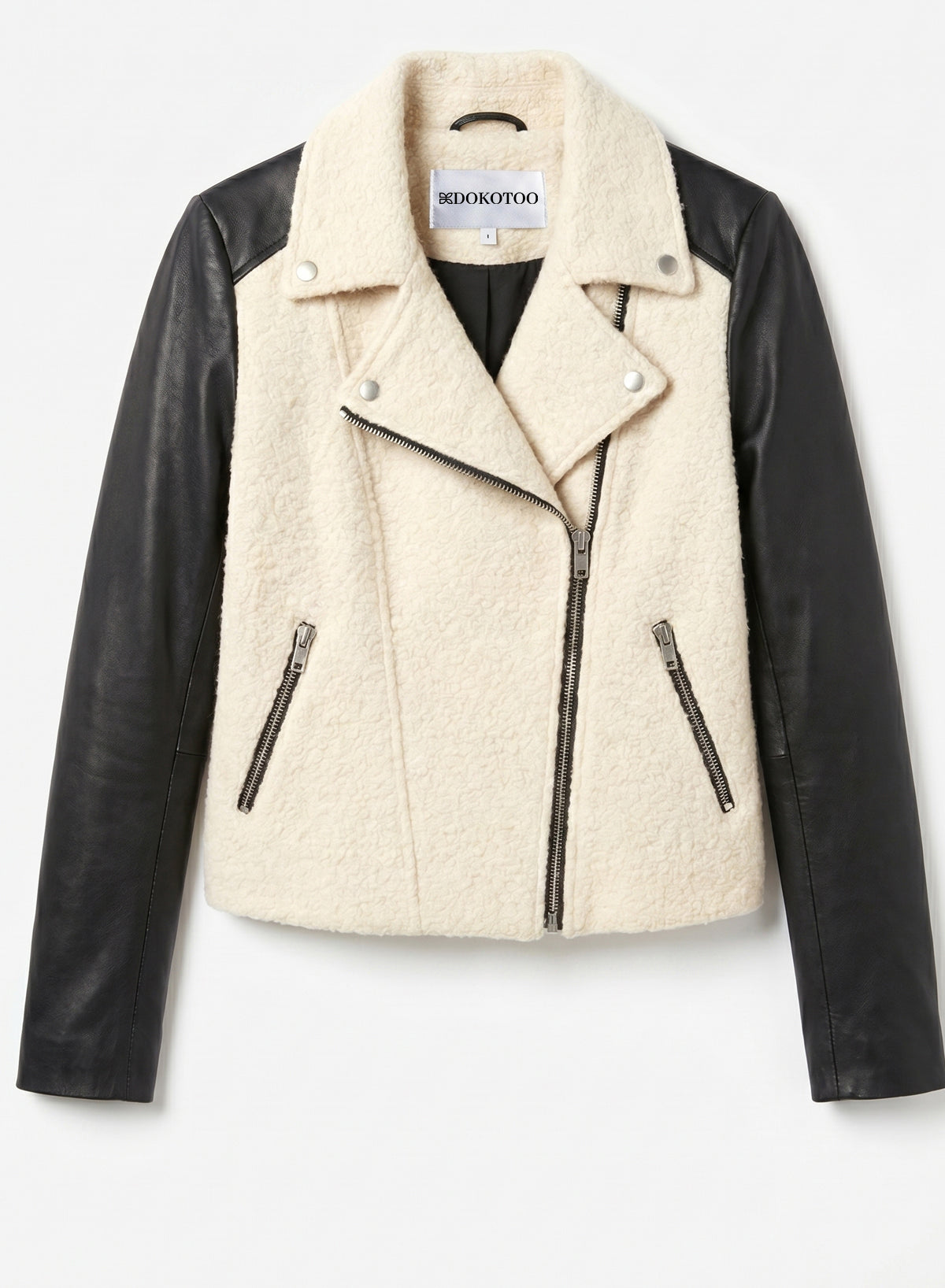 DOKOTOO Women's Sherpa Fleece Moto Jacket with Faux Leather Sleeves, Asymmetrical Zip Biker Coat, Casual Winter Outerwear