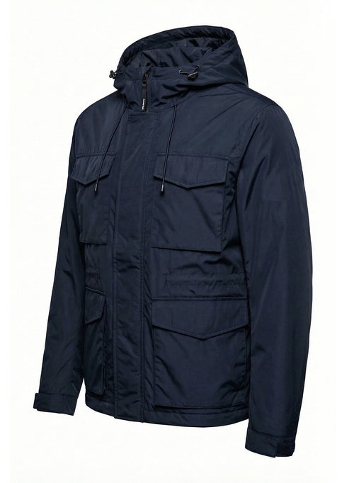DOKOTOO Men's Navy Blue Hooded Utility Jacket, Water Resistant Multi Pocket Windbreaker, Casual Outdoor Workwear Coat